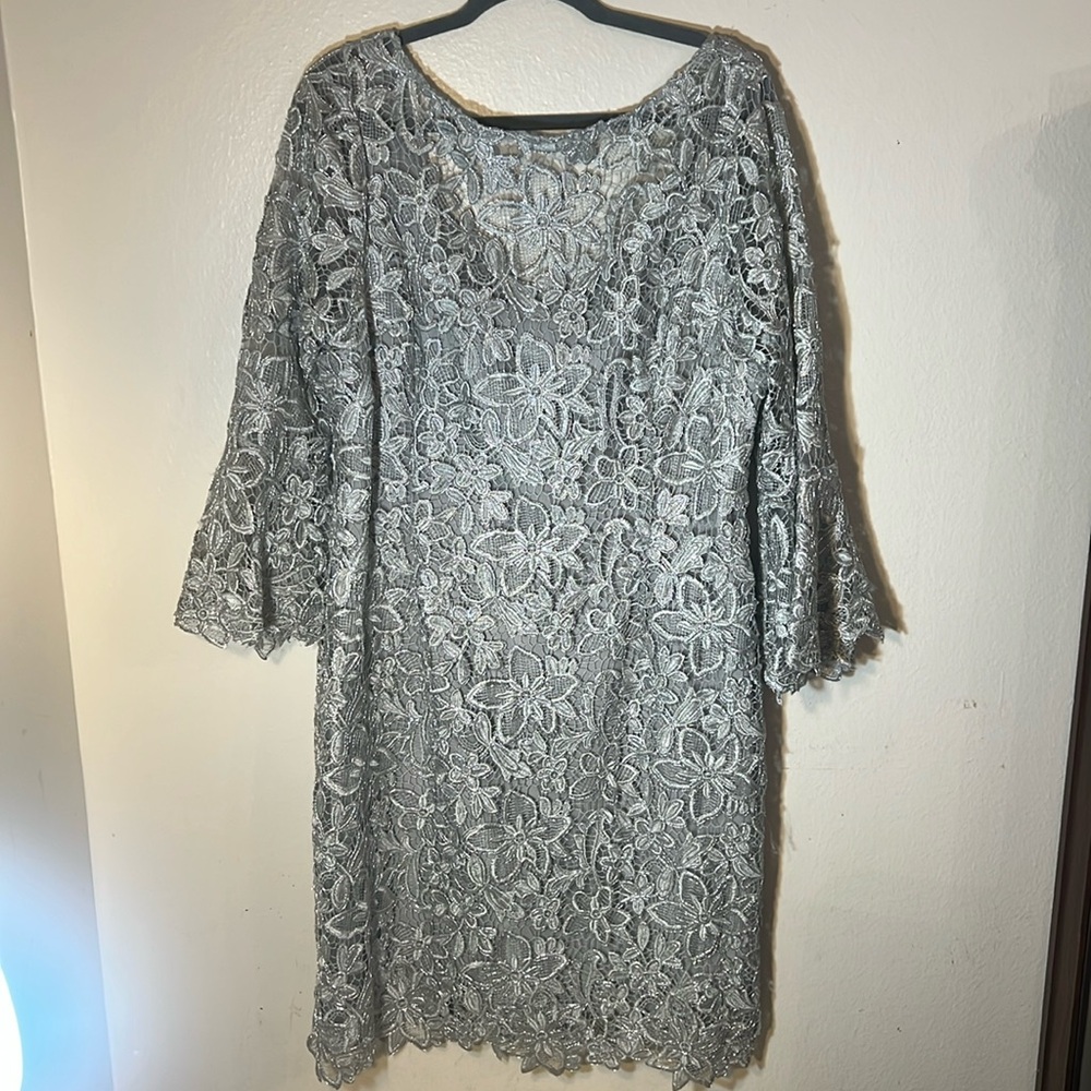 Teri Jon Silver Lace Long Sleeve Cocktail Dress
